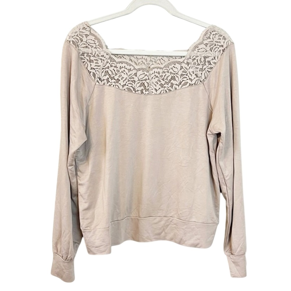 Wishlist Taupe Lace Trim Boat Neck Long Sleeve Top Medium Beige Soft Knit